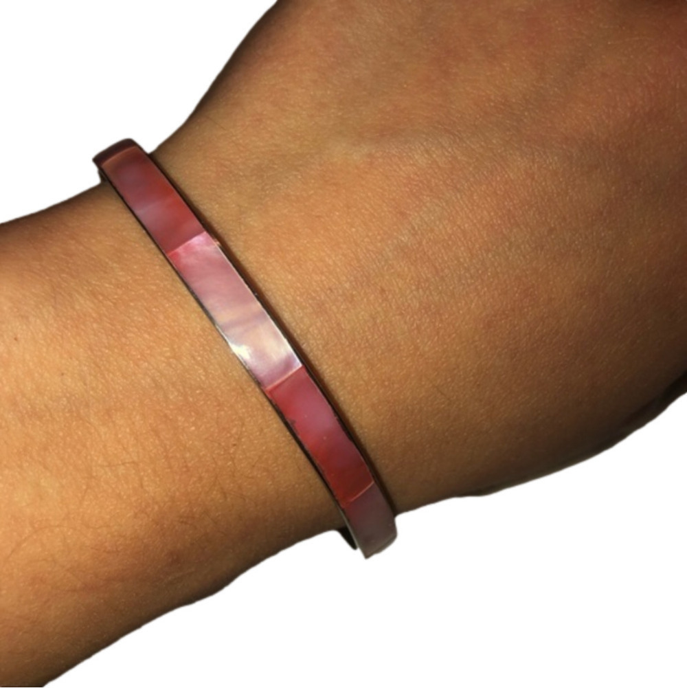 VTG Pink Abalone Inlay Silver Tone Metal Bangle EUC 8”